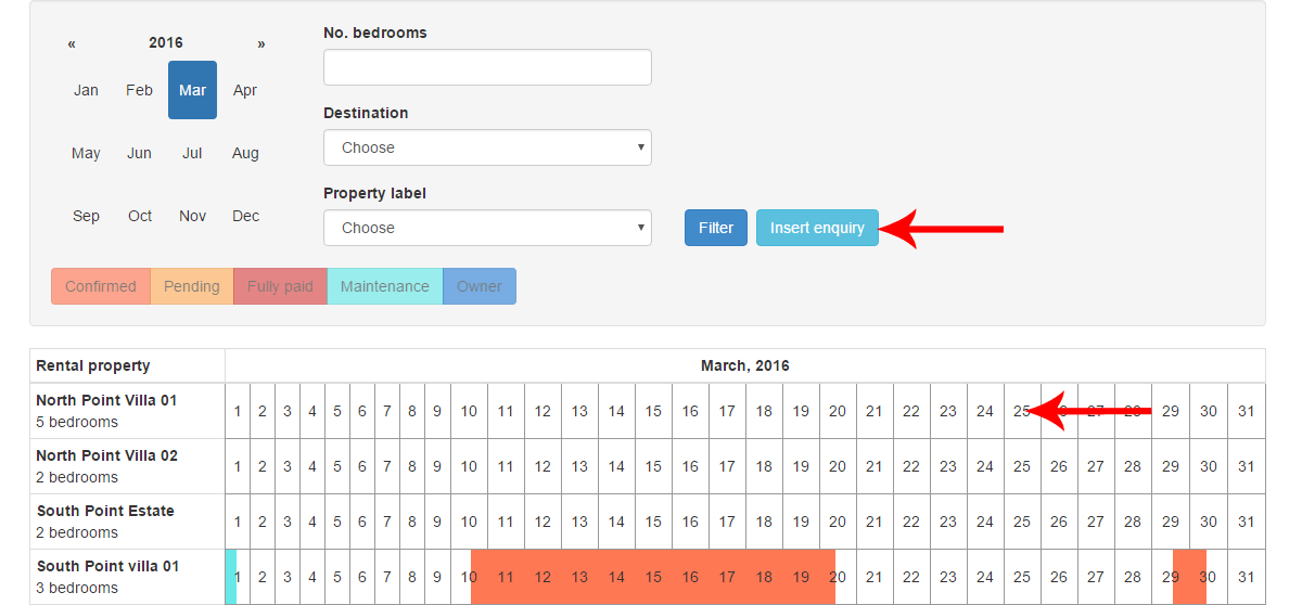 Insert enquiry with occupancy calendar