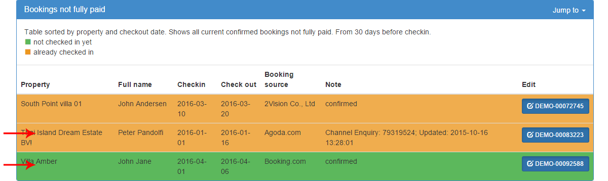 Bookings not fully paid